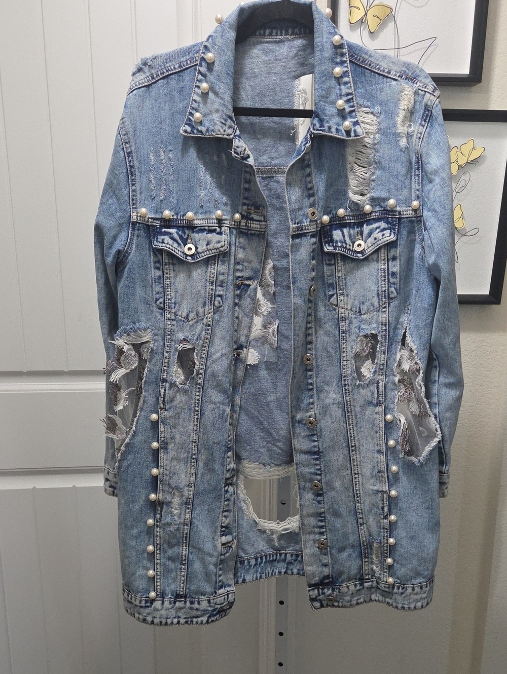 Distressed Light Blue Pearl-Trim Denim Jacket - Women
